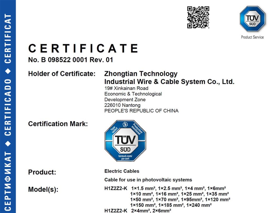 TÜV EN 50618:2014 H1Z2Z2-K