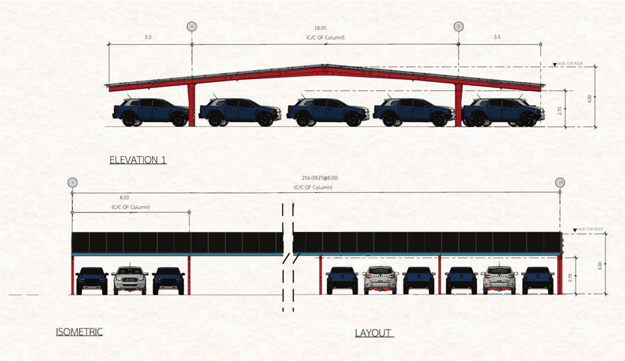 Comparison Between Cable Mounting Carport and Conventional Structure Carport ภาพเปรียบเทียบโครงหลังคาโซลาร์คาร์พอร์ตแบบ Cable Mounting Carport กับ Conventional Structure Carport